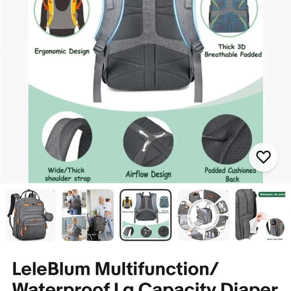 Leleblum Black Quilted Diaper Bag Backpack Travel Laptop Bag Pacifier Pouch‎